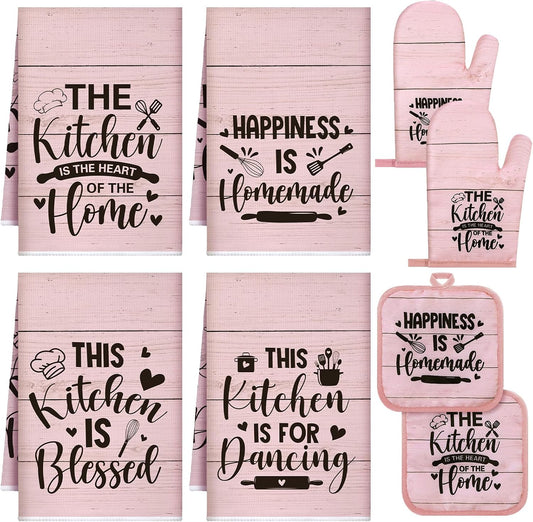Fourluoo 8 Pcs Pink Kitchen Towels and Dishcloths Sets Oven Mitts and Pot Holders Sets Absorbent Kitchen Gloves Potholders Heat Resistant for Chef Baking Cooking
