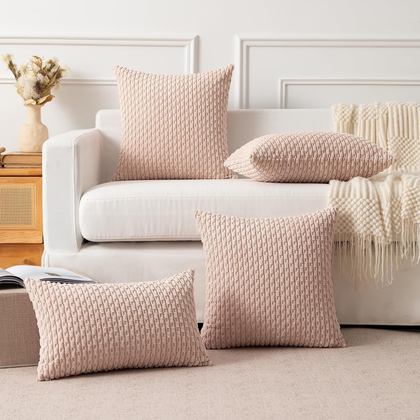 Kevin Textile Valentines Day 12x20 Inch Pillow Cover 1 Pack Boho Decorative Soft Striped Corduroy Lumbar Farmhouse Accent Rectangle Cushion Case for Living Room Couch Sofa Bed, Light Pink