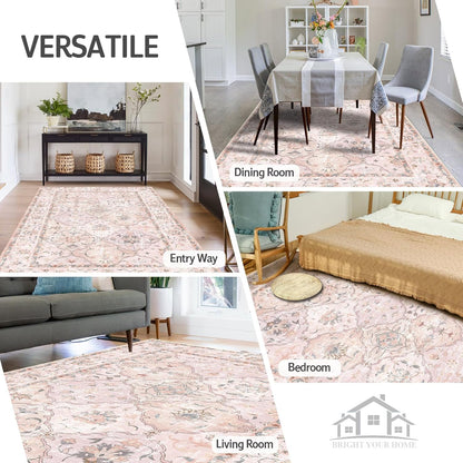 Boho Vintage Area Rugs 5×7 Washable Non-Slip Traditional Pink Carpet for Nursery Living Room Bedroom Dining Room Girls' Room