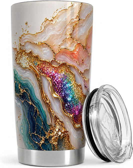 Peach Teal Marble 20oz Tumbler, Peach Teal Marble Tumbler, Daily Coffee Cup for Travel, Abstract Agate Pattern with Gold Veins, Glitter Color Flow, Modern Home Decor for Women