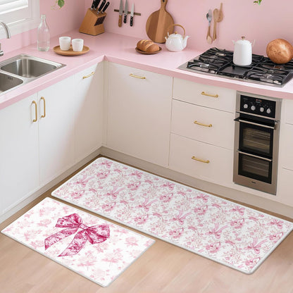Pink Bow Kitchen Rug and Mat Set of 2, Cute Coquettte Non-Slip Kitchen Rugs, Pink Bow Sweet Decorations for Home Indoor Bathroom Living Room Sink Laundry Floor Decor 17x29 and 17x47 Inch