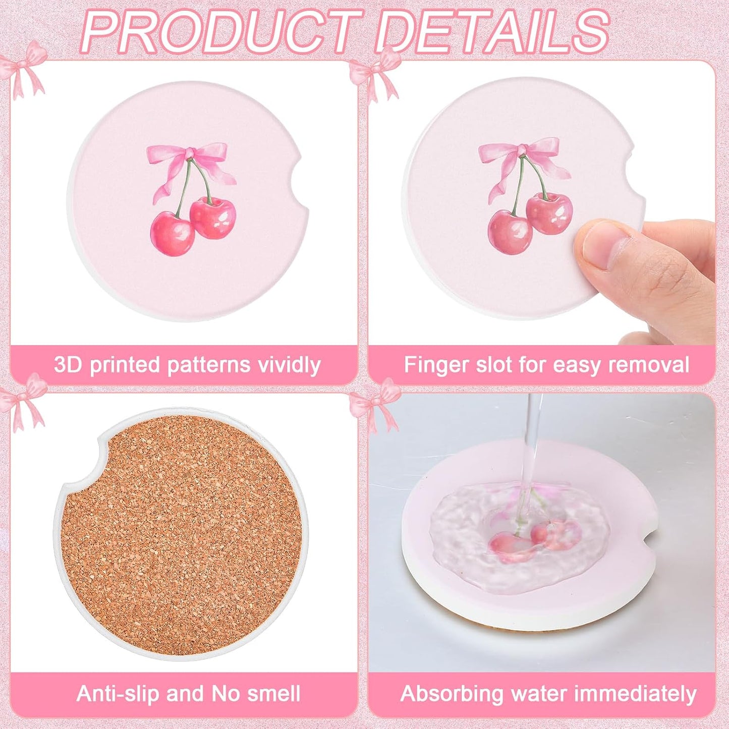 Boao 4 Pcs Car Cupholder Coasters for Valentine's Day, Ceramic Coasters 2.56'' Anti Slip Base with Finger Notch for Dry Clean, Car Interior Accessories, Birthday Gifts(Pink Bow)