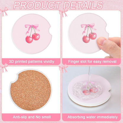 Boao 4 Pcs Car Cupholder Coasters for Valentine's Day, Ceramic Coasters 2.56'' Anti Slip Base with Finger Notch for Dry Clean, Car Interior Accessories, Birthday Gifts(Pink Bow)