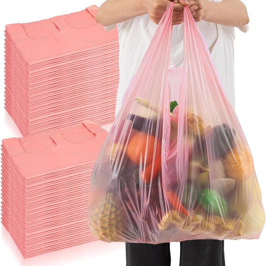 Qilery 120 Pcs Extra Large Pink T- Shirt Bags Bulk 36" x 8" x 24" Jumbo Size Plastic Shopping Grocery Retail Trash Bags with Handle for Business, Retails, Restaurant, Grocery, Take Out, Supermarket