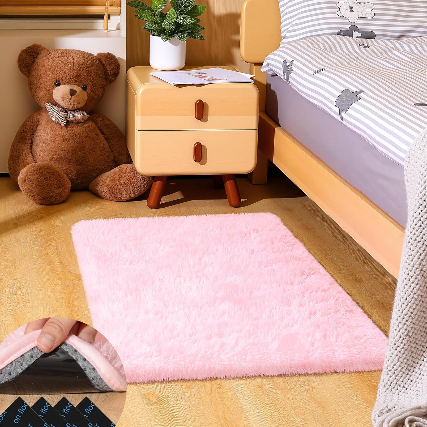 Pink Rugs for Bedroom, 2x3 Fluffy Small Area Rugs for Living Room, Soft Shag Fuzzy Carpet with 4 Non-Slip Stickers for Kids Boys and Girls Nursery Room Dorm Home Decor (Pink, 2ft x 3ft)