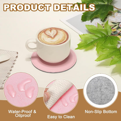uxcell 5Pcs PU Leather Coasters, 4" Round Drink Coasters Heat Resistant Water Absorbent Non Slip Cup Mat for Home Office Kitchen Bar Coffee Table Housewarming Gifts Decor, Pink