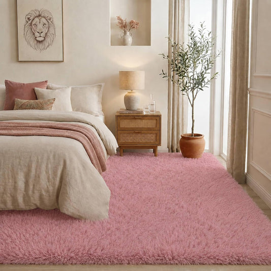 5x8 Ft Blush Pink Fluffy Area Rugs, Pet-Friendly Easy Care Ultra Soft Shag Carpet with Non-Slip Backing, Modern Fuzzy Plush Rug for Living Room, Bedroom & Playroom Decor