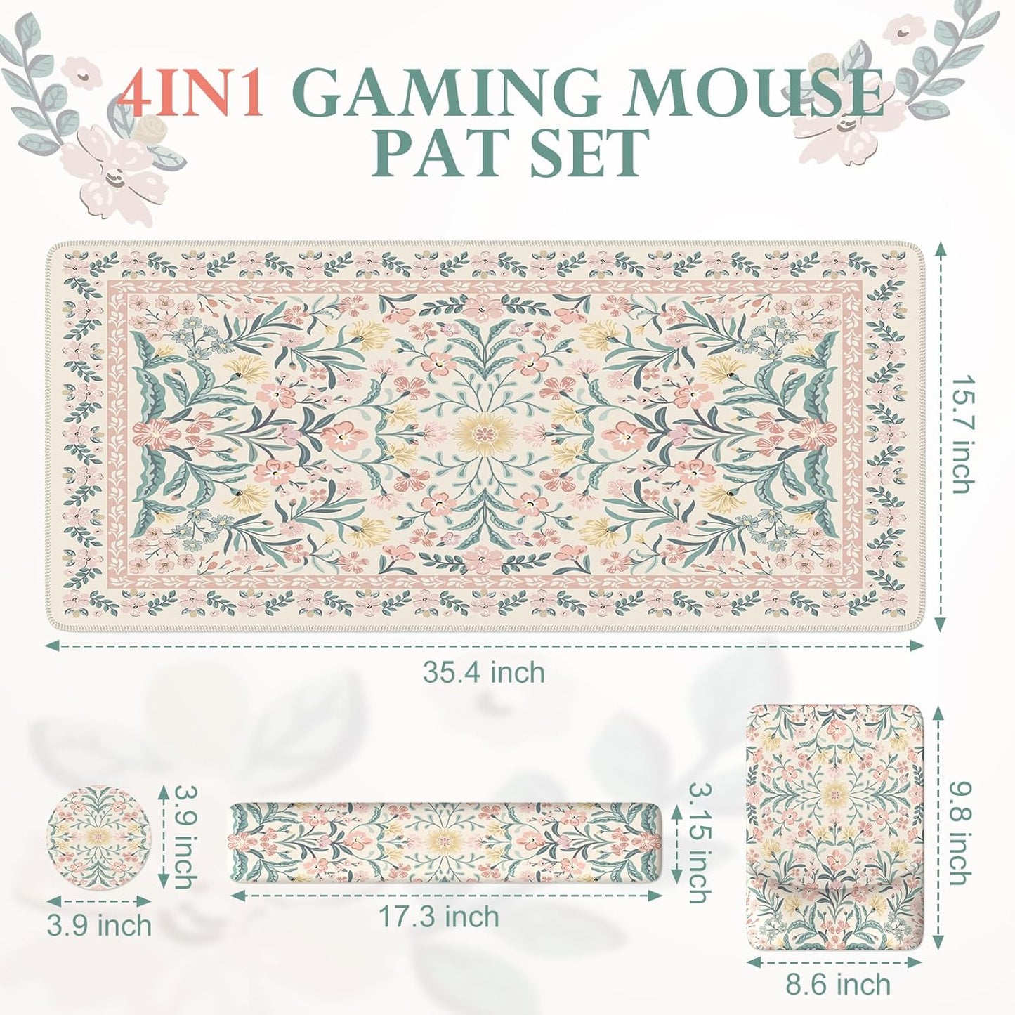 iLeadon Pink Desk Mat Set Cute, Non-Slip Mouse and Keyboard Pad Mat for Desk, Ergonomic Desk Mouse Pad Extra Large, Floral Teacher Desk Mat with Wrist Rest for Women Home Office