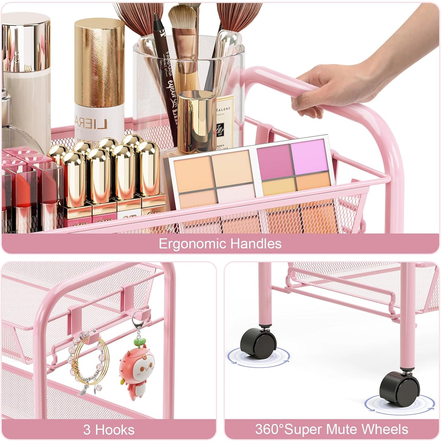 TOOLF 3 Tier Rolling Cart Pink - Metal Storage Organizer with Wheels, 33 lbs Shelf Capacity, Easy 5-Min Assembly, for Girls Room Bathroom Kitchen Office Nursery, Compact Design for Small Spaces, Pink