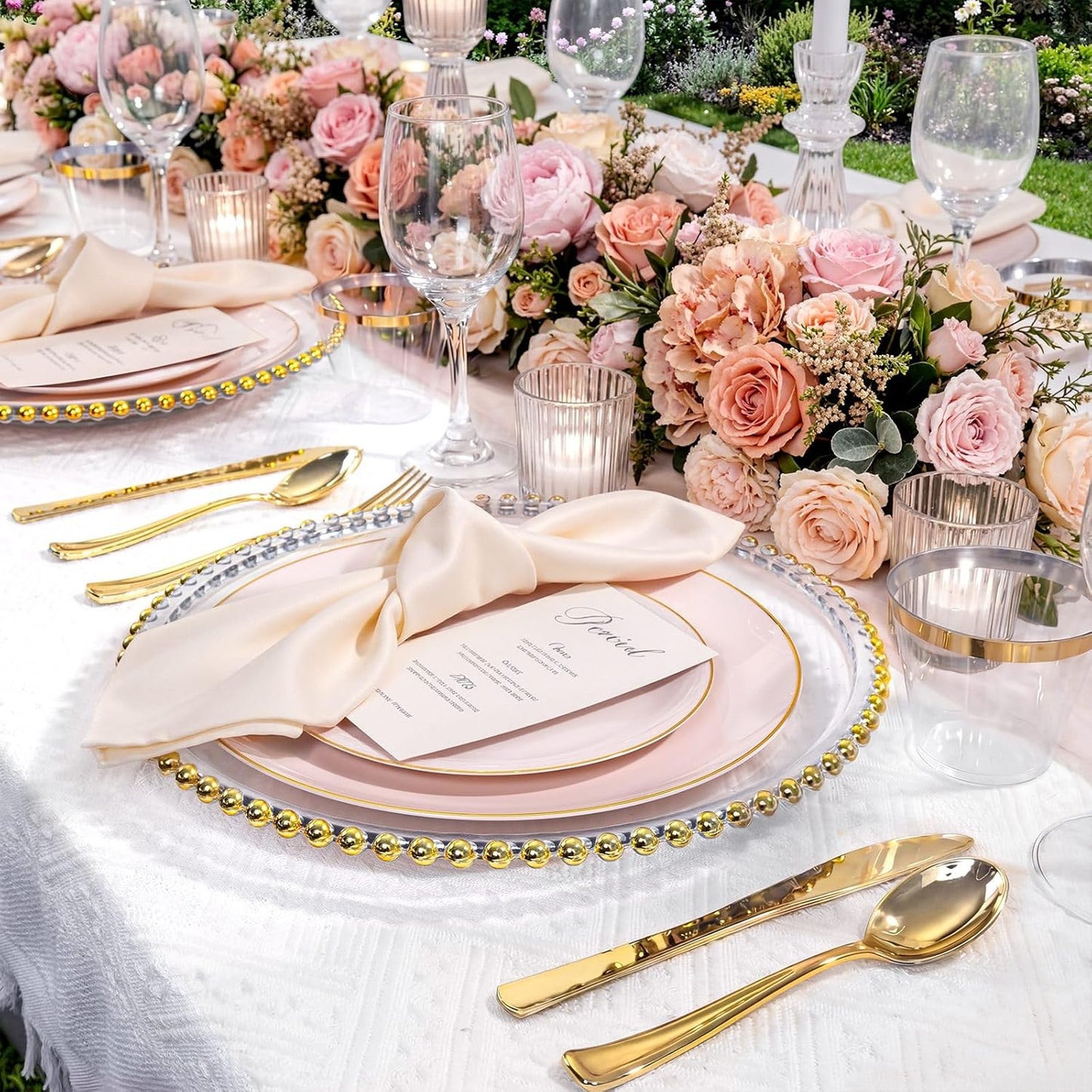 WDF 150Pcs Pink Plates Disposable - Pink and Gold Plastic Plates 25guest Disposable Dinnerware Include 25 Dinner Plate, 25 Dessert Plate, 25 Cutlery & 25 9oz Cups for Baby Shower/Wedding/Birthday