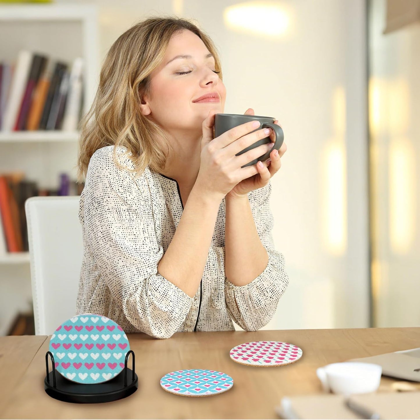 Pink & Mint Love Felt Coasters Set of 6, Round Absorbent Drink Coasters, Non-Slip Cork Backing, Removable Holder