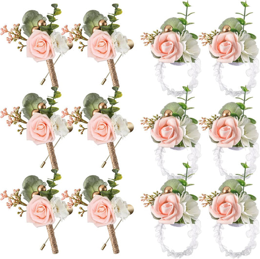 Canlierr 12 Pcs Wedding Wrist Corsage and Boutonniere Set Rose Wrist Corsage for Prom Boutonniere for Men Wedding Flowers Accessories Prom Suit Decorations for Wedding Ceremony Anniversary (Pink)