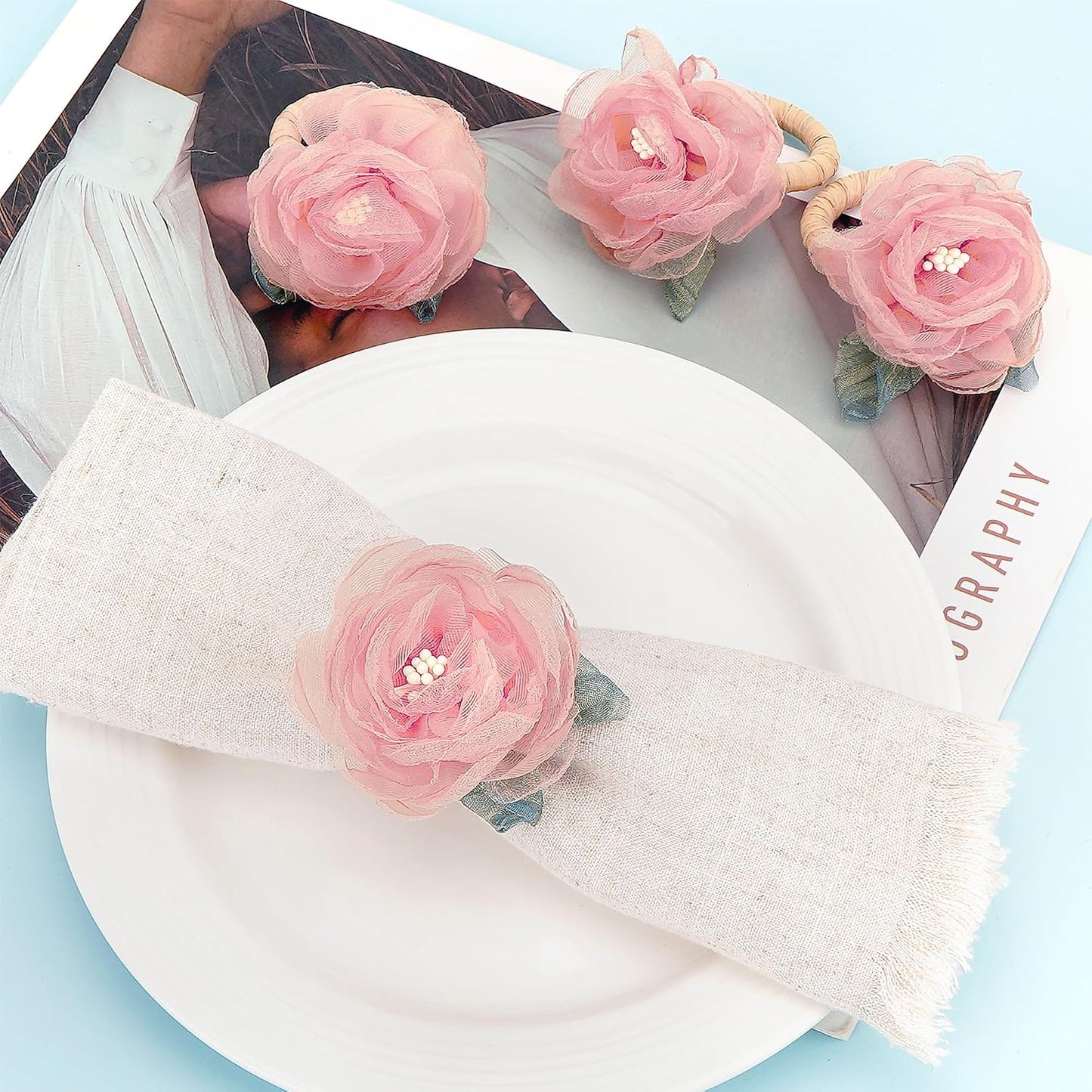 Handcrafted Flower Napkin Rings Set of 6 – Romantic Pink Tulle Rose Napkin Holders for Wedding Table Decor, Tea Parties, Brunches, Holiday Dining Decorations