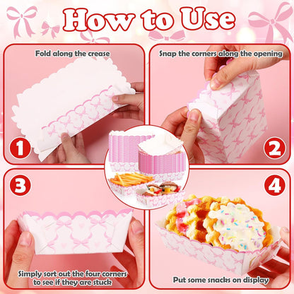 Domensi 60 Pcs Pink Bow Paper Food Trays Birthday Decorations Kraft Bow Plates Snack Nacho Hot Dog Popcorn Serving Trays Coquette Party Supplies for Wedding Bridal Baby Shower Party Decoration
