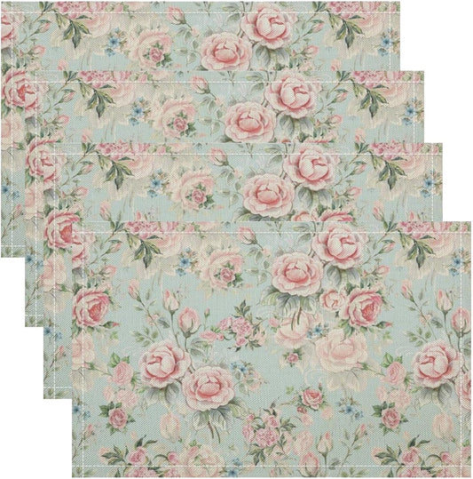 Pink Flowers Placemats Set of 4, 17x12 Inch Rustic Spring Floral Blossom Natural Romantic Table Mats for Home Party Kitchen Dining Decor