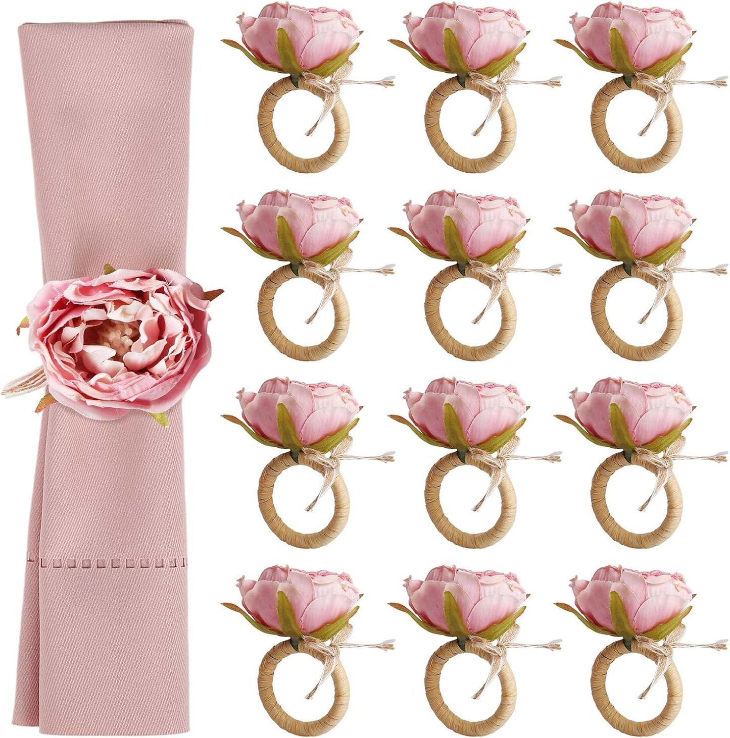 Handcraft Flower Napkin Rings Set of 12,Pink Peony Flower Handmade Napkin Holder Rings Table Decorations for Summer,Wedding,Luncheons,Picnics,Banquet, Birthday,Christmas,Valentine's, Thanksgiving