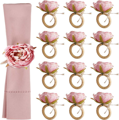 Handcraft Flower Napkin Rings Set of 12,Pink Peony Flower Handmade Napkin Holder Rings Table Decorations for Summer,Wedding,Luncheons,Picnics,Banquet, Birthday,Christmas,Valentine's, Thanksgiving