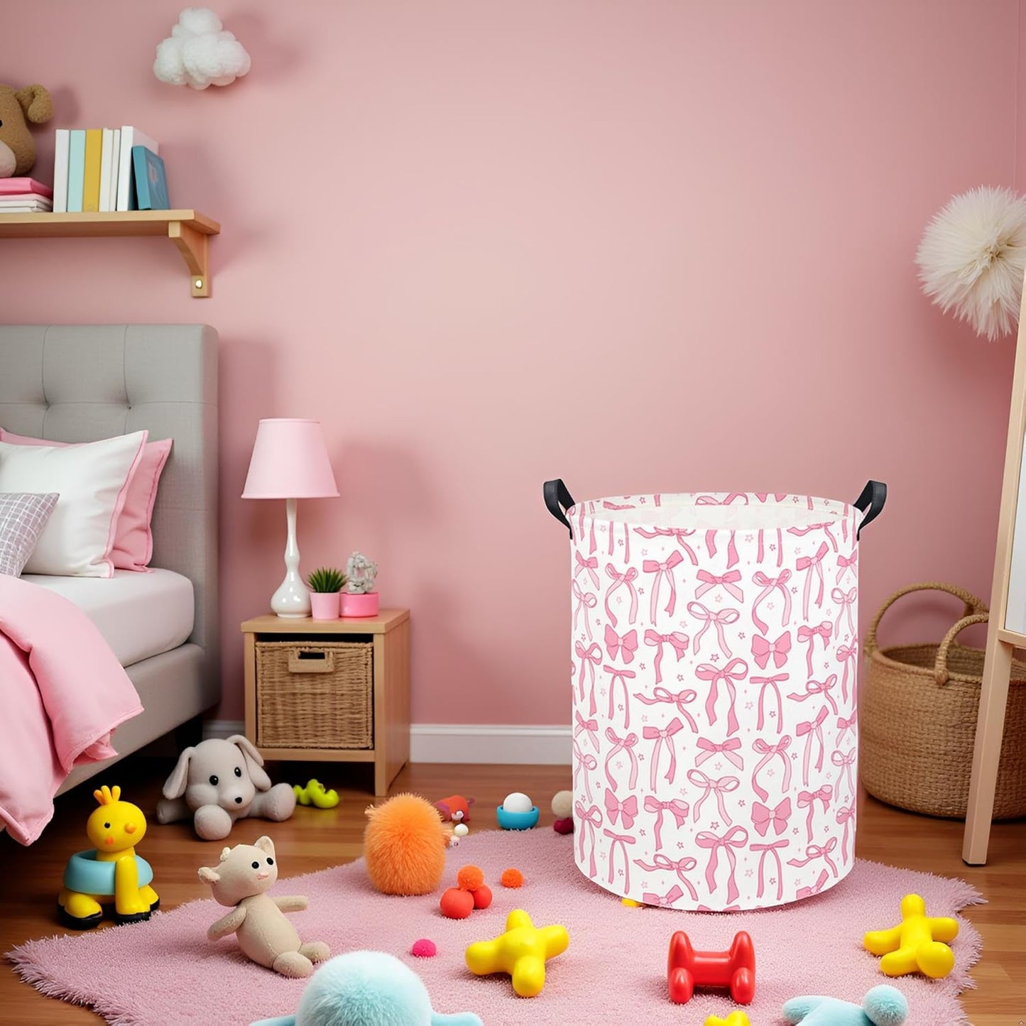 Baby Laundry Basket Kids Hamper Toy Storage Bin for Boys Room Decor Baby Nursery Hamper Gift Baskets for Bedroom Bathroom(Pink Bowknot)