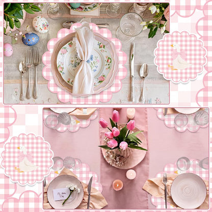 60 Pcs Gingham Placemat, 13.5 Inch Scalloped Paper PlaceMats Silly Goose Party Disposable Table Place Mats Decorative Paper for Baby Shower Gender Reveal Birthday Party(Pink)