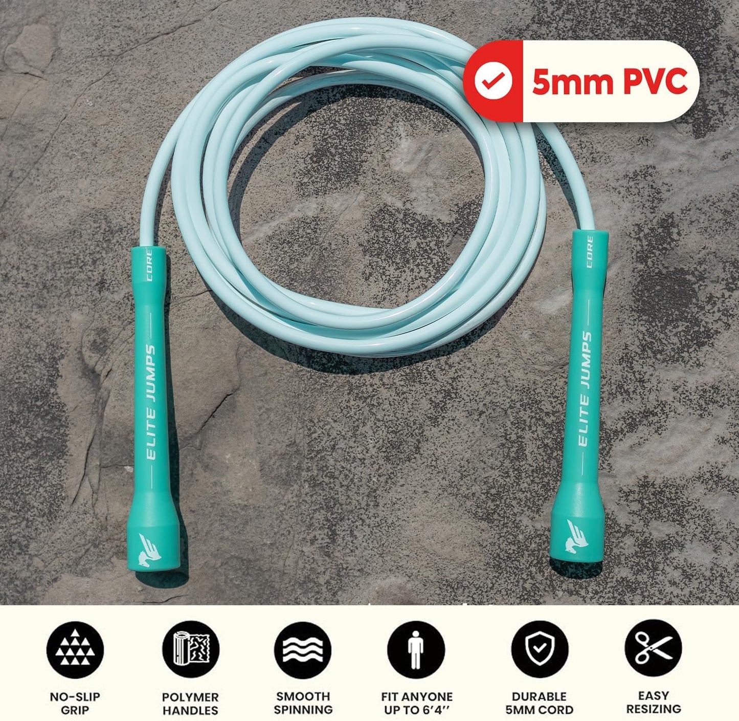 Elite Jumps Core 5mm, PVC Adjustable Skipping Rope | Durable 5mm PVC speed rope. Unbreakable handles. For fitness, boxing and kids. Adjustable, all ages.