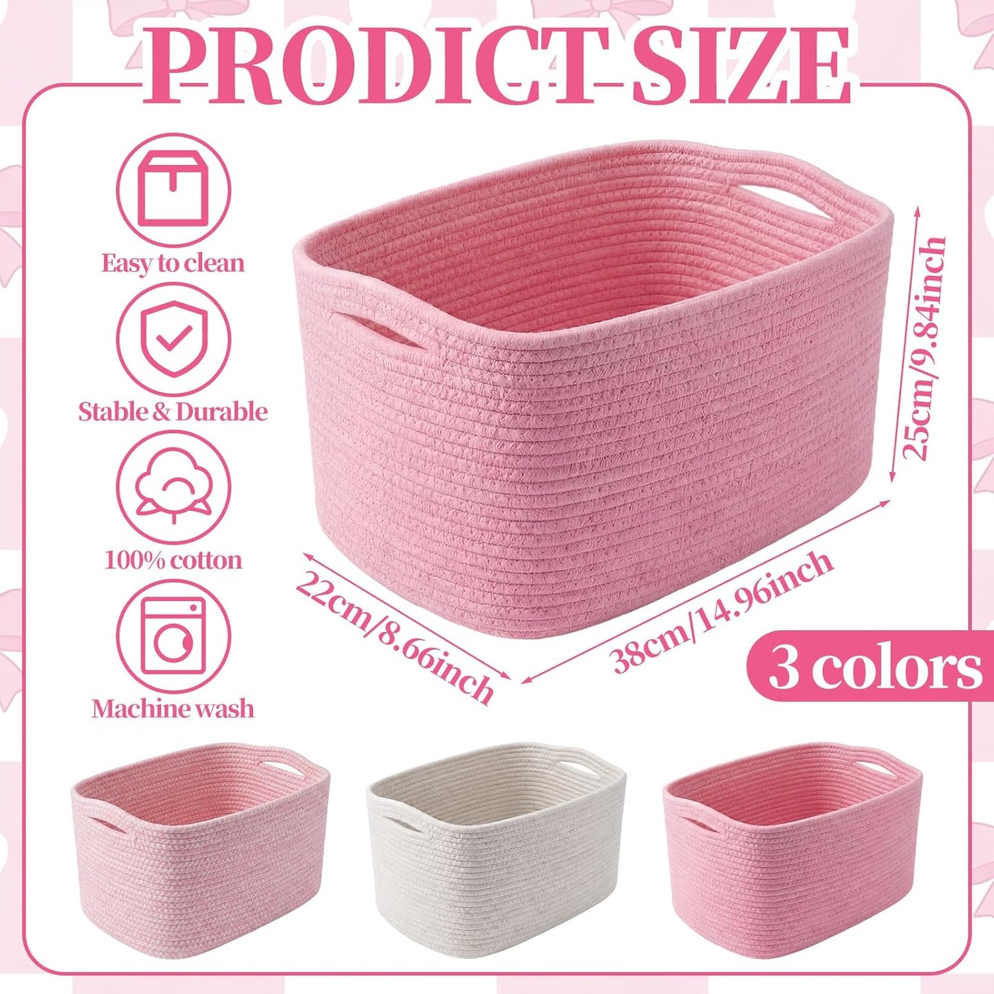 Junkin 3 Pack Pink Gift Basket Empty Cotton Woven Laundry Basket 15 x 10 x 8.7 Inch Pink Storage Bin for Closet Organizing Nursery