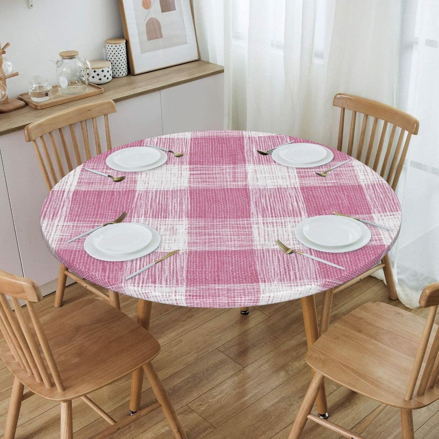 Hand-Drawn Soft Pink and White Check Pattern Round Tablecloth Fitted Table Cover Washable Tablecloths for Kitchen Dining Party 40-44 Inch