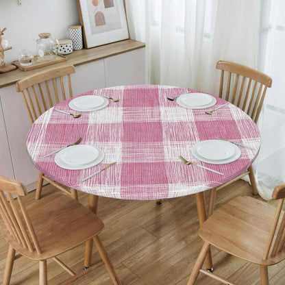 Hand-Drawn Soft Pink and White Check Pattern Round Tablecloth Fitted Table Cover Washable Tablecloths for Kitchen Dining Party 40-44 Inch