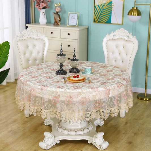 Lace Tablecloth Round Floral Embroidered Lace Table Cloth Pink Decor Macrame Crochet Rose Tablecloth Vintage Shabby Chic Table Cover for Dining Kitchen Summer Outdoor Holiday Birthday Party Spring