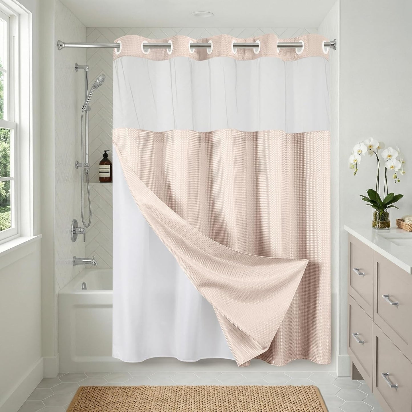 Americanflat 72x75 Hookless Waffle Pattern Shower Curtain - Water-Resistant Long Shower Curtain with Sheer Panel, Snap-in Liner, and Durable Grommets - 100% Polyester - Pink