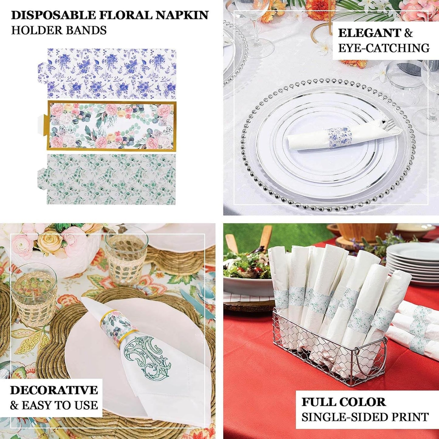 Efavormart 50 Pack Pink Peony Floral Paper Napkin Rings with Gold Edge, Disposable Napkin Holders Bands - 1.5"