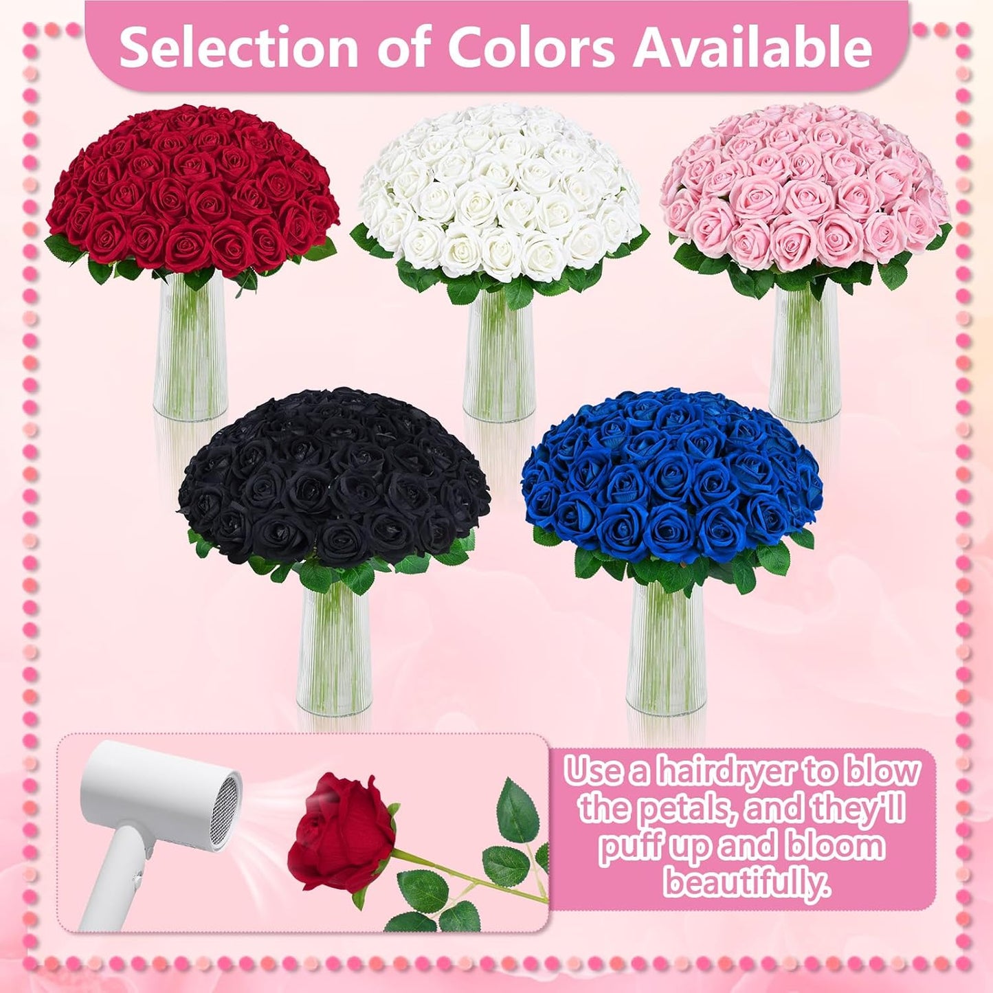 50 Pcs Pink Roses Artificial Flowers, Real Touch Velvet Roses Bouquet Fake Flowers Bulk, Artificial Roses with Long Stems for Birthday Gift Women Mom DIY Bridal Wedding Centerpiece Decorations