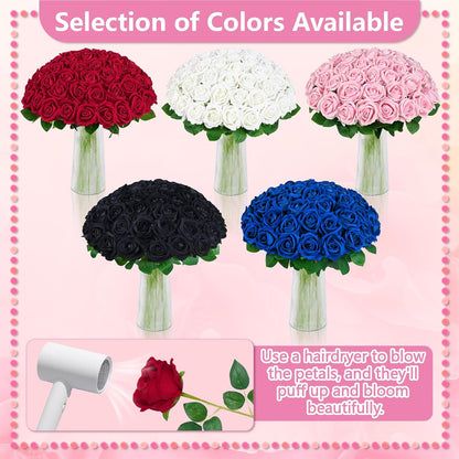 50 Pcs Pink Roses Artificial Flowers, Real Touch Velvet Roses Bouquet Fake Flowers Bulk, Artificial Roses with Long Stems for Birthday Gift Women Mom DIY Bridal Wedding Centerpiece Decorations