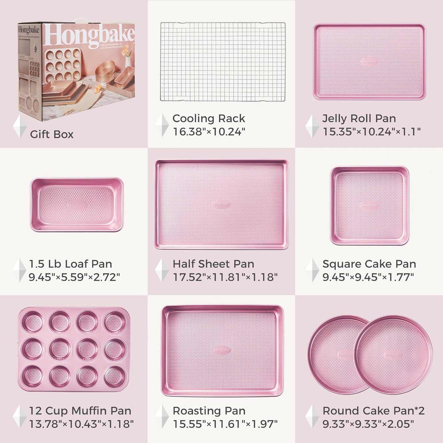 HONGBAKE 9-Piece Baking Pans Set Nonstick, Stackable Non Toxic Bakeware Sets with Diamond Texture, Oven Pan Set for Cooking, Includes Cookie Sheet with Rack, Cake Pan, Roasting Pan, Muffin Tin, Pink
