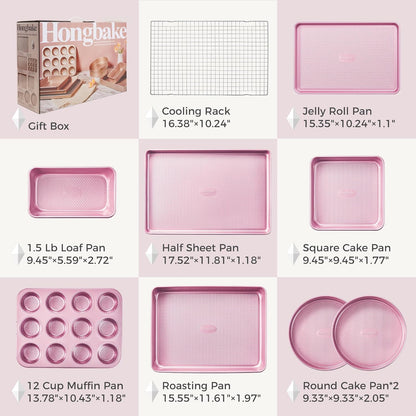 HONGBAKE 9-Piece Baking Pans Set Nonstick, Stackable Non Toxic Bakeware Sets with Diamond Texture, Oven Pan Set for Cooking, Includes Cookie Sheet with Rack, Cake Pan, Roasting Pan, Muffin Tin, Pink