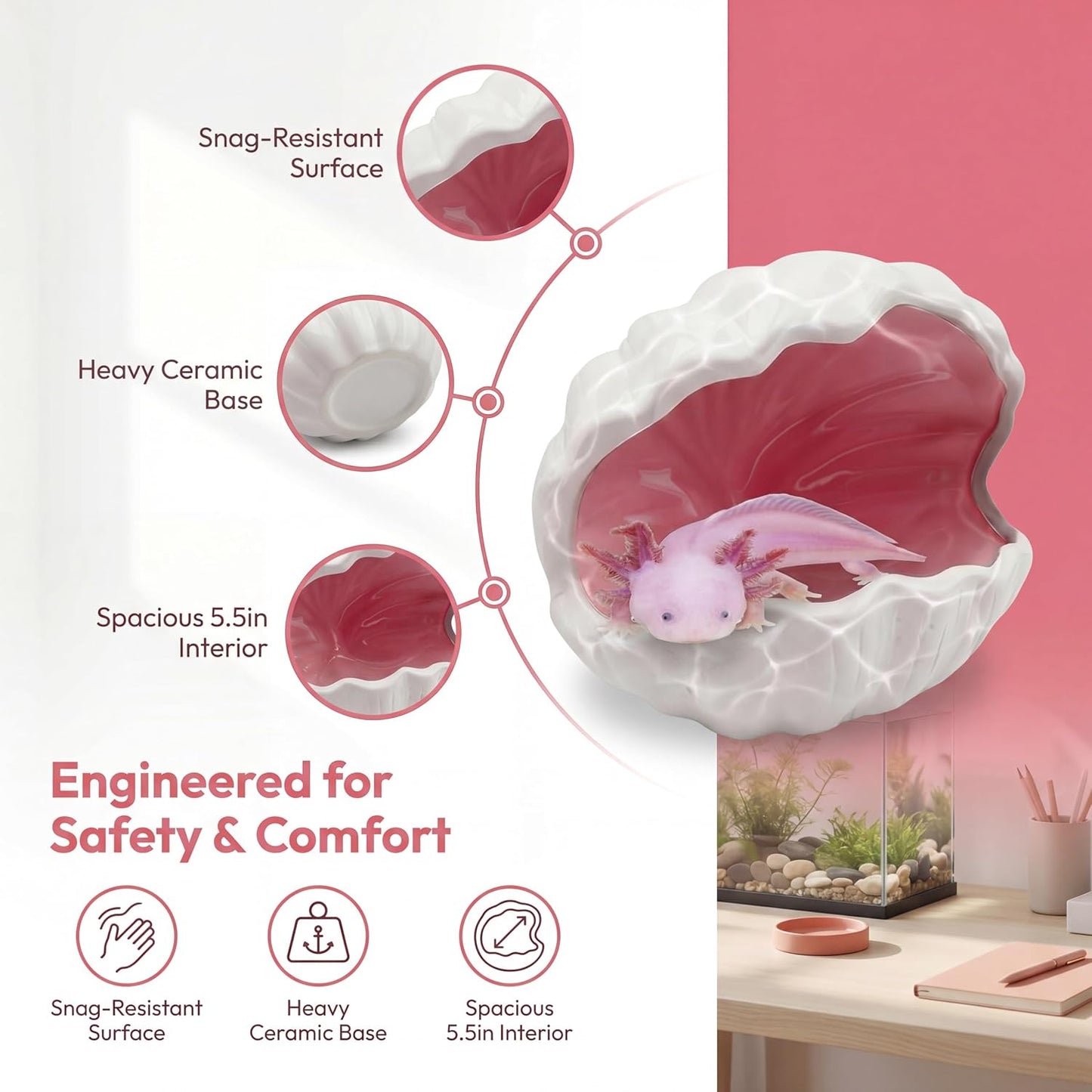Axolotl Tank Accessories - Extra Large Ceramic Fish Tank Cave with 2PCS Artificial Plants, Double Sided Glaze Shell Shape Hideout, Aquarium Hides Cave Decor Shelter for Betta, Pet Frog, Fish(Pink)