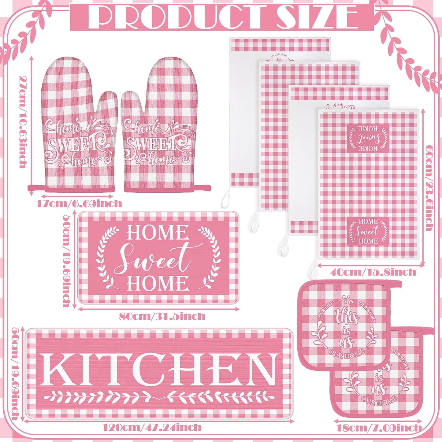 Fourluoo 10 Pcs Kitchen Set Kitchen Towels and Rugs Oven Mitts and Pot Holders Farmhouse Decor for Women Mom Gift Cooking Baking Grilling(Pink White)