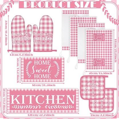Fourluoo 10 Pcs Kitchen Set Kitchen Towels and Rugs Oven Mitts and Pot Holders Farmhouse Decor for Women Mom Gift Cooking Baking Grilling(Pink White)