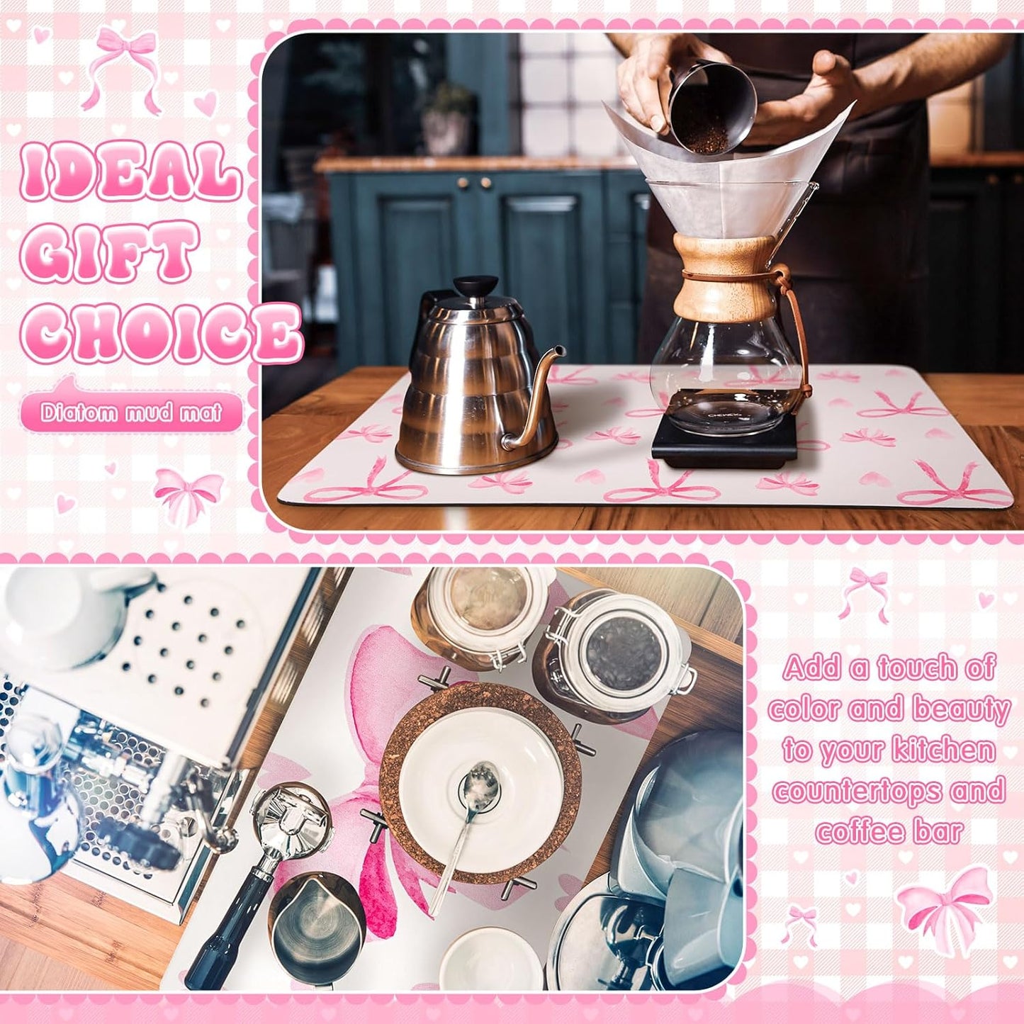 2 Pack Pink Bows Dish Drying Mat 12" x 19" Large Absorbent Coffee Machine Bar Mat Kitchen Counter Pad Decor for Kitchen Counter Coffee Station Accessories Organizer