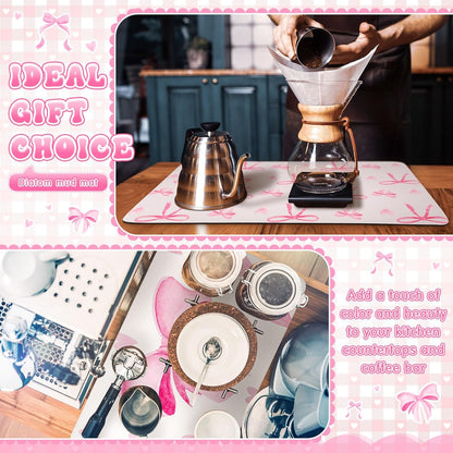 2 Pack Pink Bows Dish Drying Mat 12" x 19" Large Absorbent Coffee Machine Bar Mat Kitchen Counter Pad Decor for Kitchen Counter Coffee Station Accessories Organizer