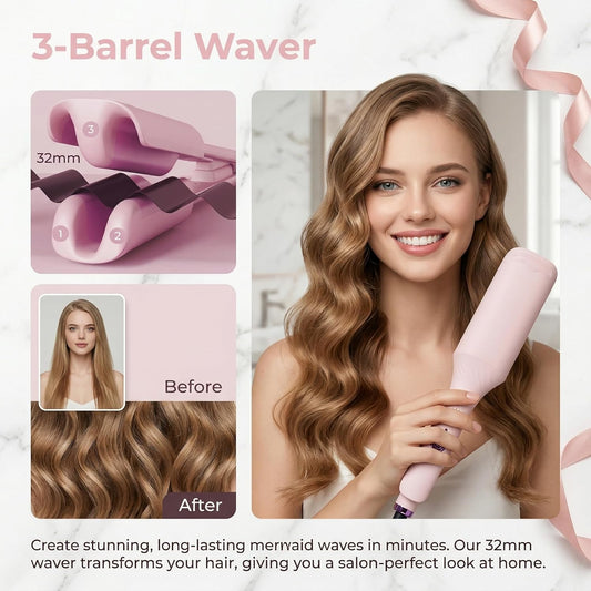 Hair Crimper for Women’s Beach Waves – Pink Deep Waver Curling Iron, 1.25-Inch Ionic Ceramic Hair Tool with Four Temperature Settings, Easy to Use for Long/Short Hair（Pink）