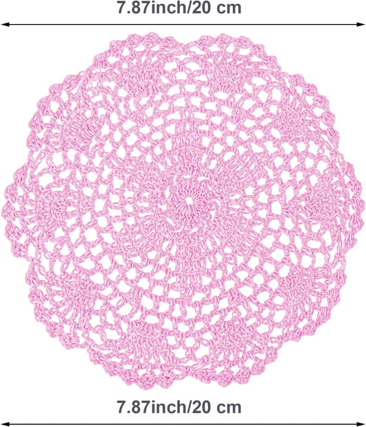 WLLHYF White Vintage Crochet Doilies 8 Inches Round Cotton Handmade Lace Placemats Crafts Tables Food Bulk Doily Cloth Set Corrugated Edge for Wedding Birthday, 4 Pack (Pink)