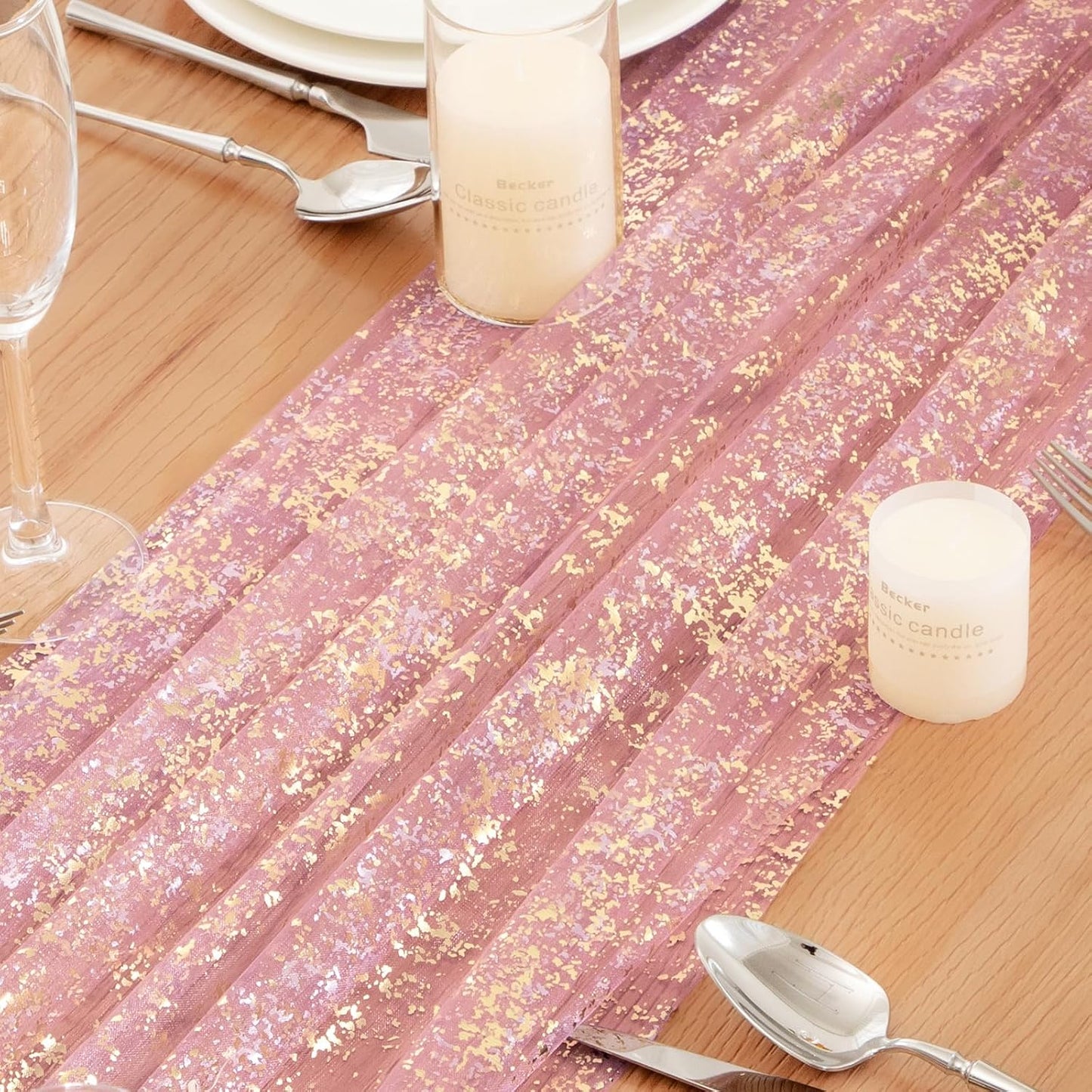 P Pothuiny 2 Pcs Dusty Pink Table Runner 28 x 120 Inch, Glitter Metallic Foil Tulle Table Runner Party Golden Sheer Gauze Table Decor for Wedding Birthday Christmas Anniversary