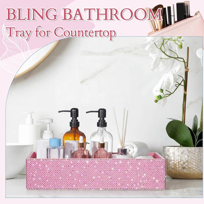 Honeydak Bling Rhinestone Pink Pearl Bathroom Basket with Handle, 13" x 6" x 3" Toilet Tank Tray, Crushed Diamond Bathroom Decor, Back of Toilet Storage Organizer, Sparkly Gifts for Women