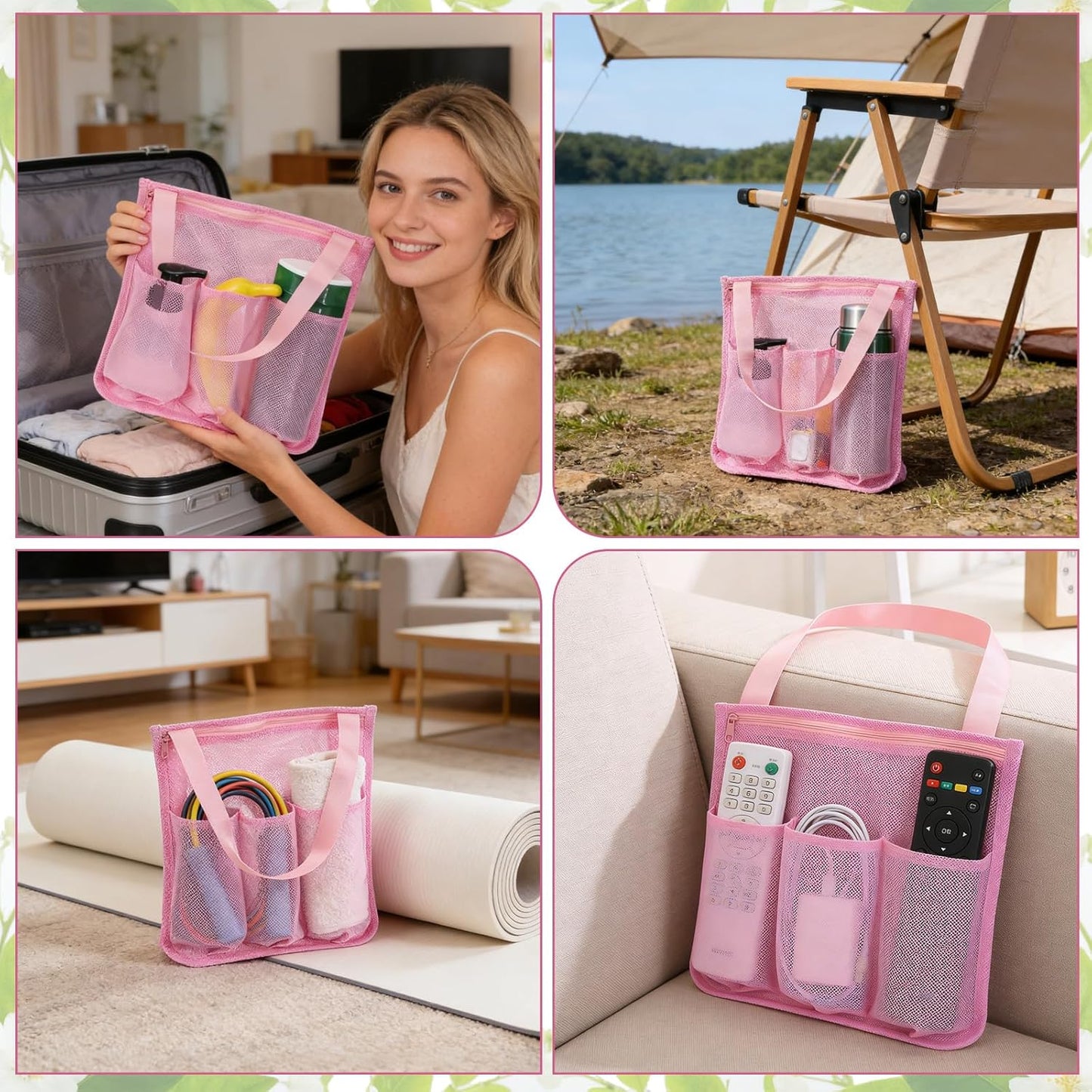 Mesh Shower Caddy, Quick Dry Hanging Toiletry Organizer Large Showers Basket Tote Bag Pink Bathroom Shower Bag Beach Camping Essentials for Toiletry, Bathroom, Beach, Camp, Gym Portable, 2 Handles