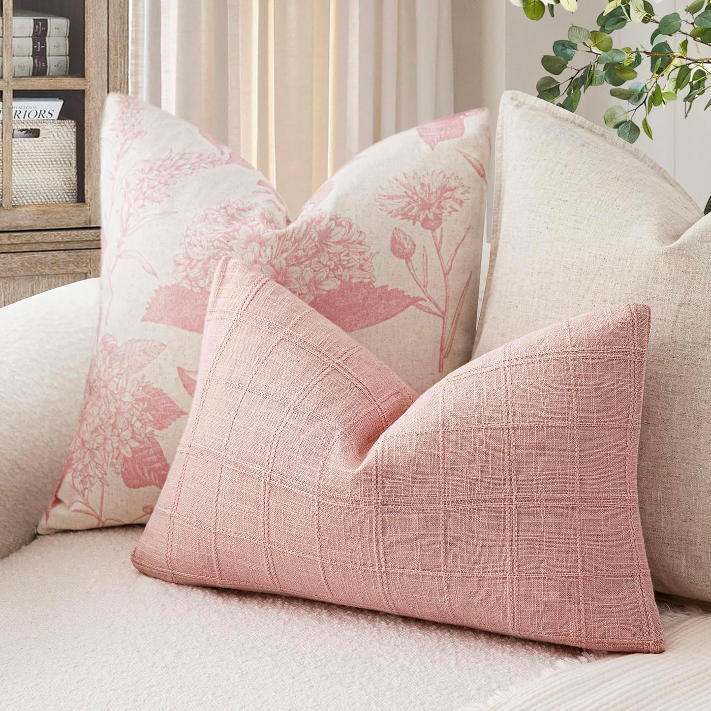 Foindtower Set of 1 Decorative Linen Check Throw Pillow Cover Neutral Farmhouse Lumbar Cushion Cover Modern Coastal Boho Accent Home Decor for Sofa Chair Couch Bed Living Room,12×24 Inch,Light Pink