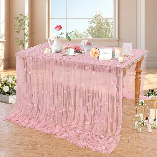 LuoluoHouse Pearl Tulle Tablecloth 10ft Flower Pearl Table Runner Sheer Gauze Fabric Wedding Lace Kitchen Linen for Arch Bridal Shower Veil Baby Shower Sweetheart Table Decorations(Dusty Pink)