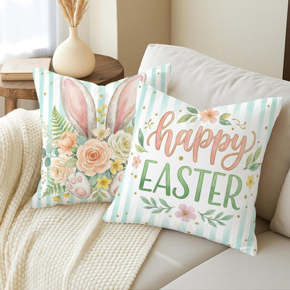 Bunny Throw Pillow Covers Set of 4, Spring Festive Flowers Easter Eggs Easter Pastel Peach Soft Velvet Washable Pattern Pillow Covers for Living Room Bed Office Sofa Chair Decor 16x16 Inch
