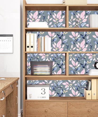 Pink Leaf Peel and Stick Wallpaper Boho Blue Contact Paper Yellow Floral Grey Wall Mural for Bedroom Bathroom Vinyl Waterproof Self Adhesive Removable Renter Dorm Wall Paper 17.5" x 118"
