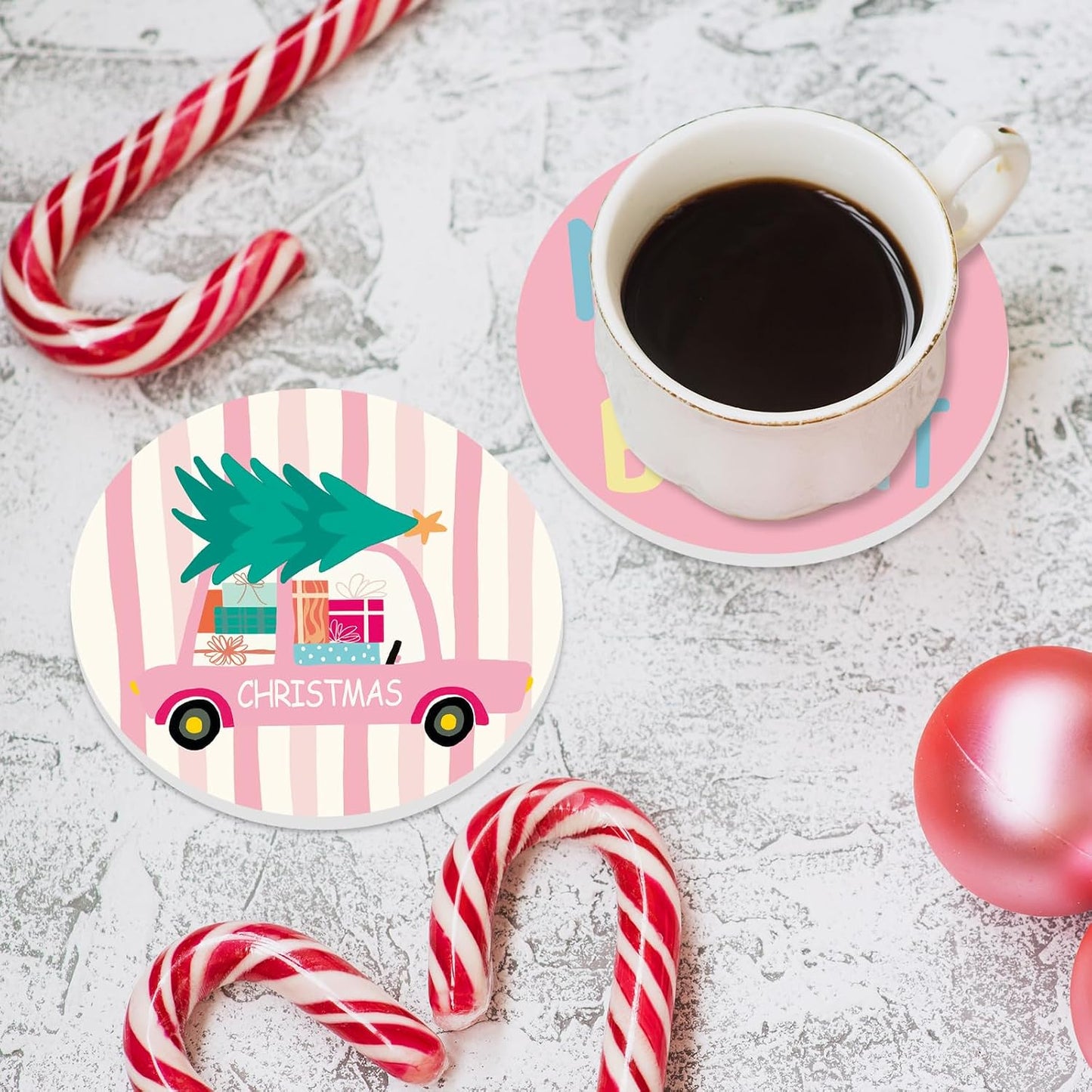 JarThenaAMCS 4Pcs Pink Christmas Cartoon Coasters Winter Snowflake Xmas Tree Truck Ceramic Coasters Absorbent Cup Mat for Mug Cup Home Kitchen Office Party Table Decor