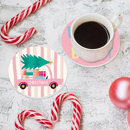 JarThenaAMCS 4Pcs Pink Christmas Cartoon Coasters Winter Snowflake Xmas Tree Truck Ceramic Coasters Absorbent Cup Mat for Mug Cup Home Kitchen Office Party Table Decor